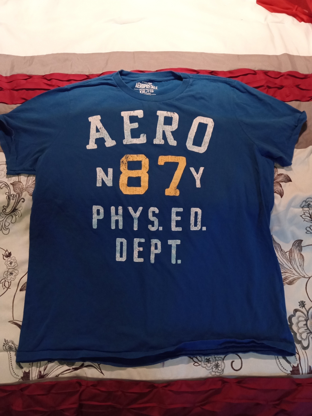 Aeropostale Blue Graphic 'N87' Short Sleeve Tee with Yellow Accent